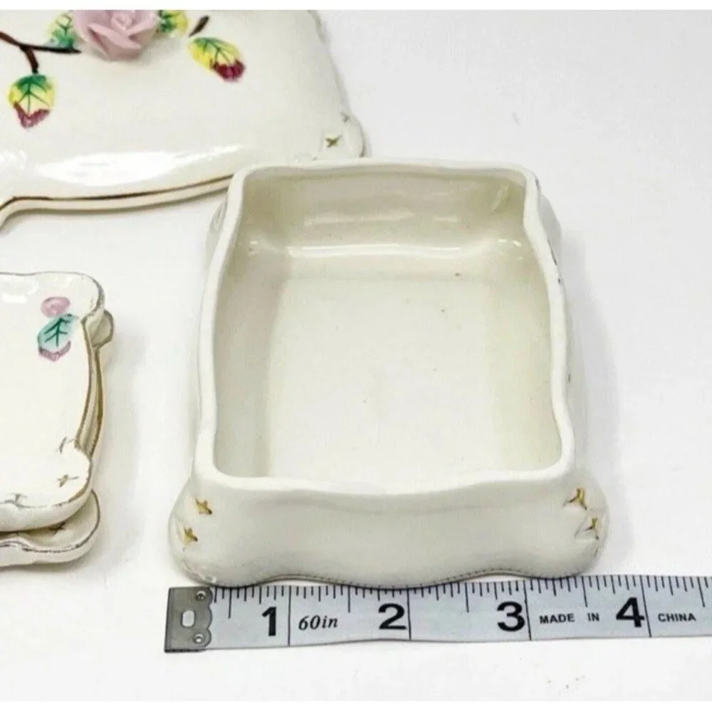 Vintage Japan Porcelain Trinket Jewelry Box w/ Rose Applied Flowers & Inserts